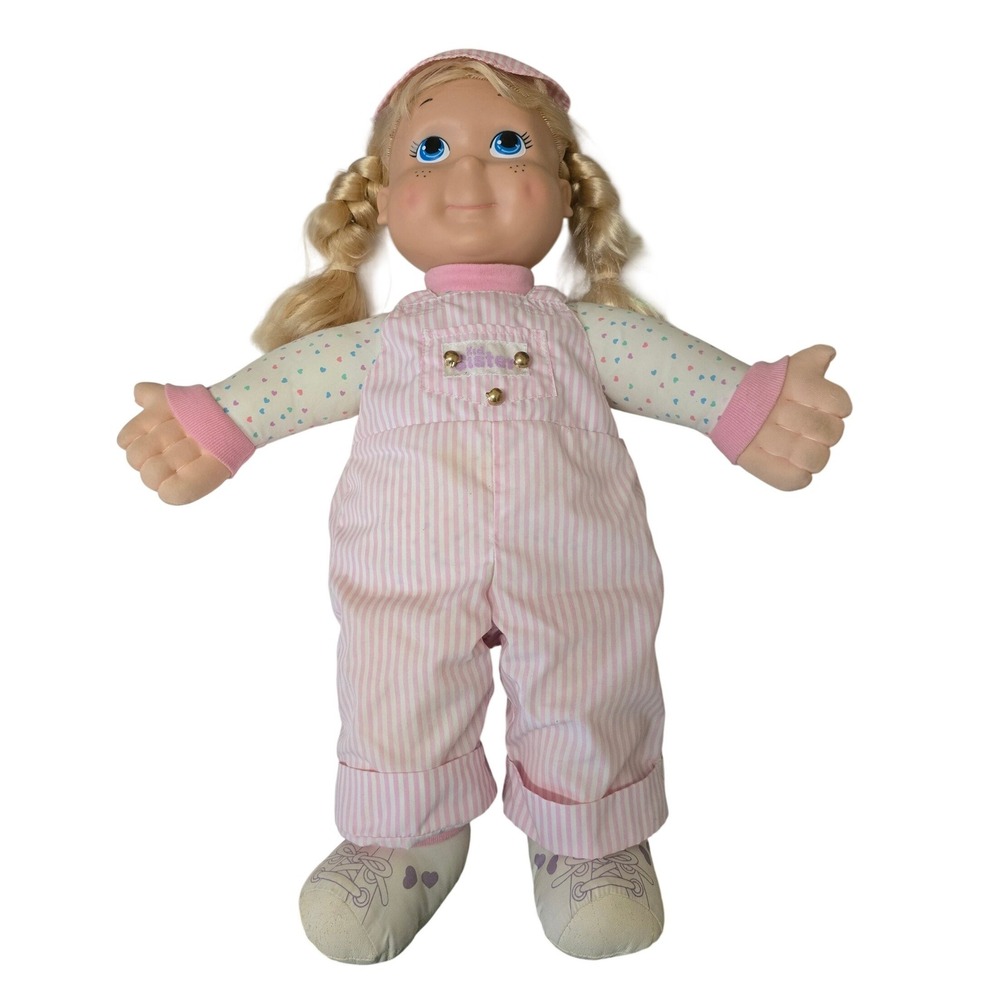 Vintage 1980s Playskool Kid Sister Doll Blonde Hair Pink Striped Overalls Plush